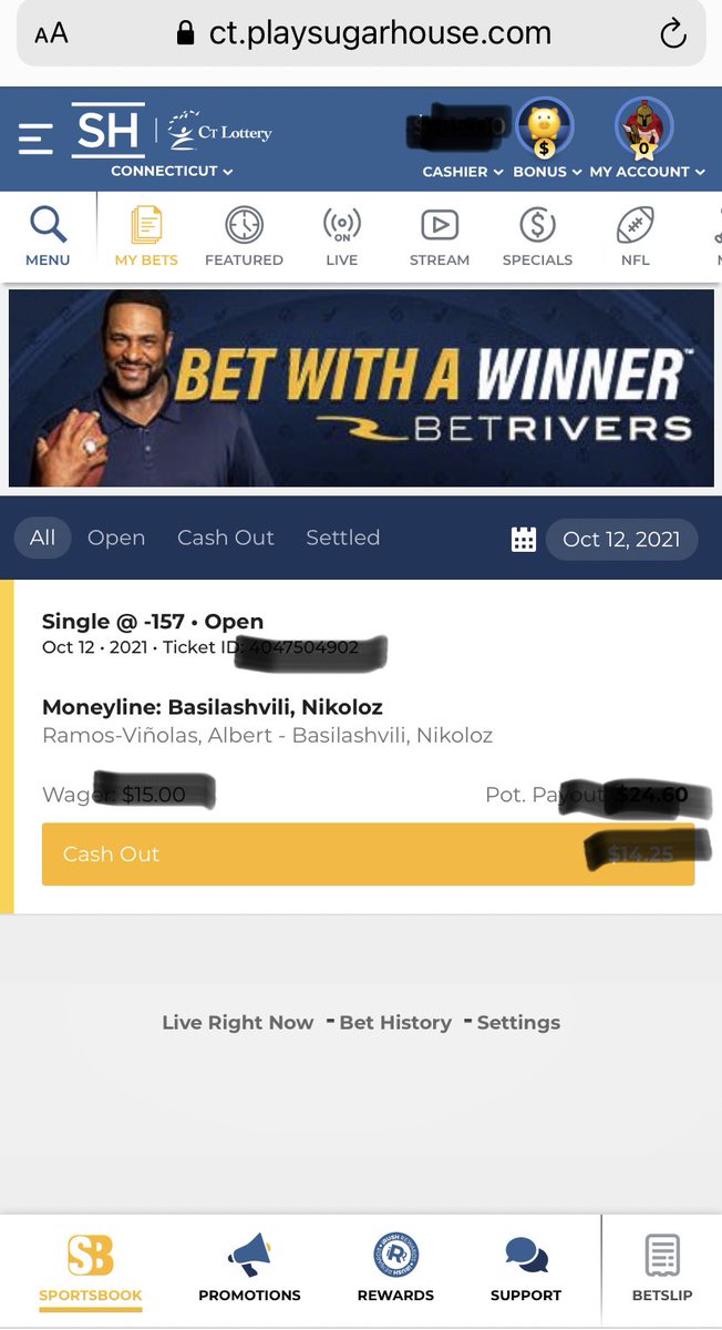jrstark3's tweet photo. We are live with @ctlottery @PlaySugarHouse in Connecticut! Went with a Gill tennis special as my first legal bet! @beatingthebook @djwedgebets https://t.co/RBv7nCTkie