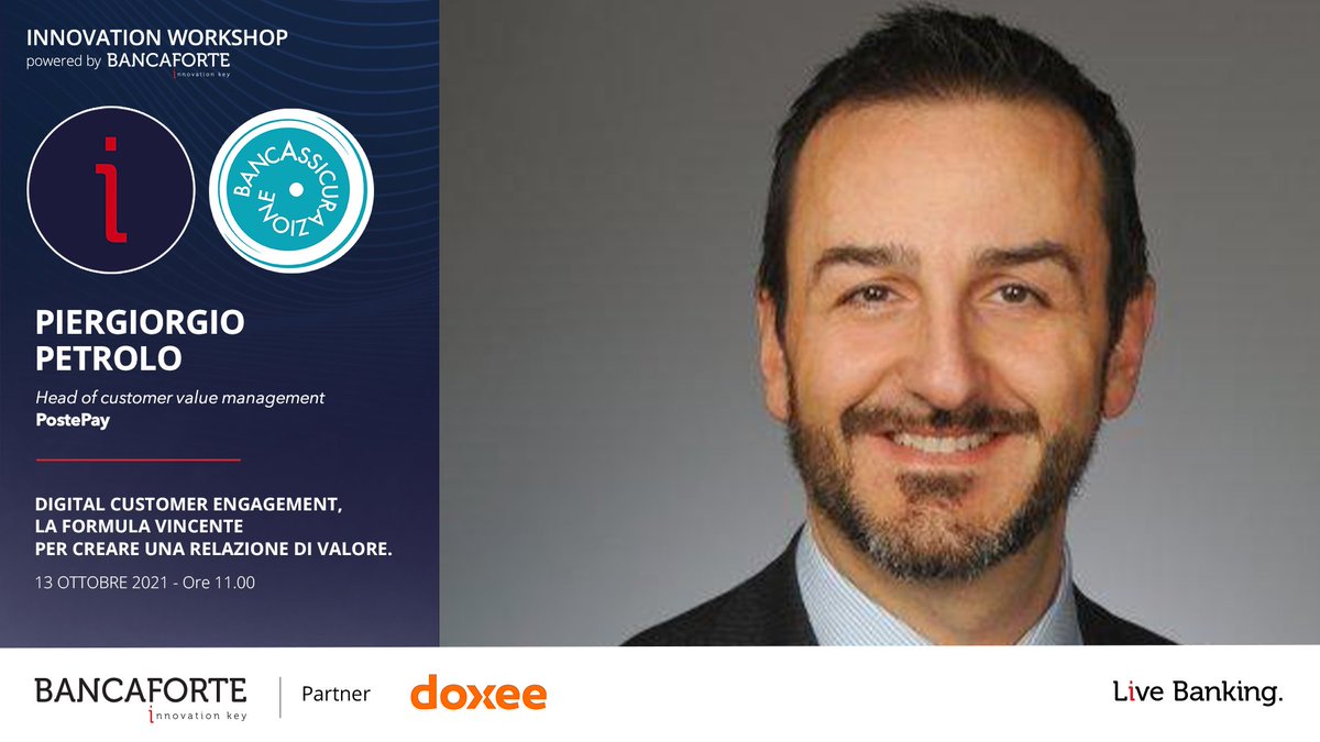 BancaforteABI's tweet photo. Piergiorgio #Petrolo ci parlerà domani #13ottobre dell'evoluzione della strategia di #customerengagement in un'azienda #multiindustry come #PostePay. #direttastreaming gratuita ore 11 #Bancaforte #Doxee https://t.co/4D8o5APsDw. https://t.co/vu9XMU8oWc