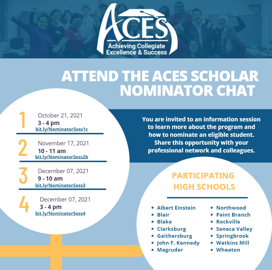 Do you know a 10th grade student who might benefit from participating in the ACES program? Attend an upcoming session to learn about the program and how to nominate an eligible student. Learn about ACES: acesmontgomery.org