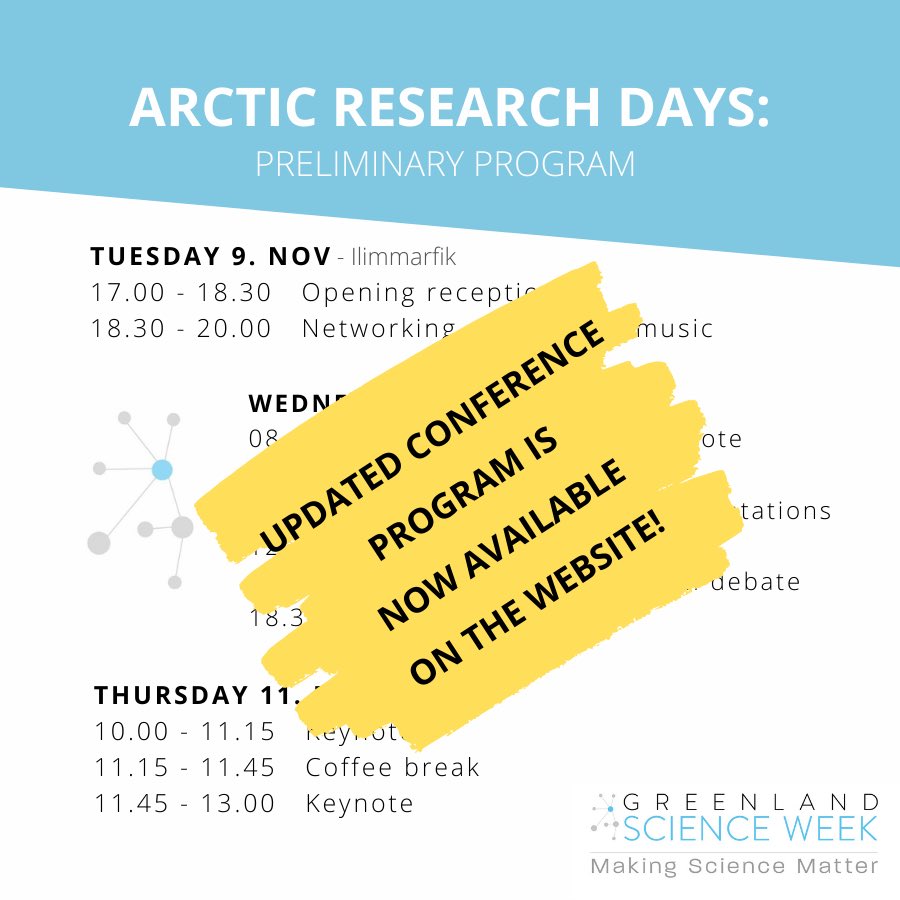 A new version of the Arctic Research Days conference program is out! 🙌🏼 Find out more about keynote speakers, panel debates, networking opportunities and much more on our website under “conference”. #greenlandscienceweek #GSW2021 #ArcticResearchDays