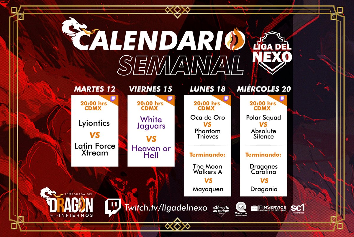 Comenzamos el día de hoy martes 12 de octubre con las partidas de Lyiontics Vs Latin Force Xtream, no se lo pierdan a las 20:00hrs CDMX.
#Dragóndelosinfiernos #Ligadelnexo
