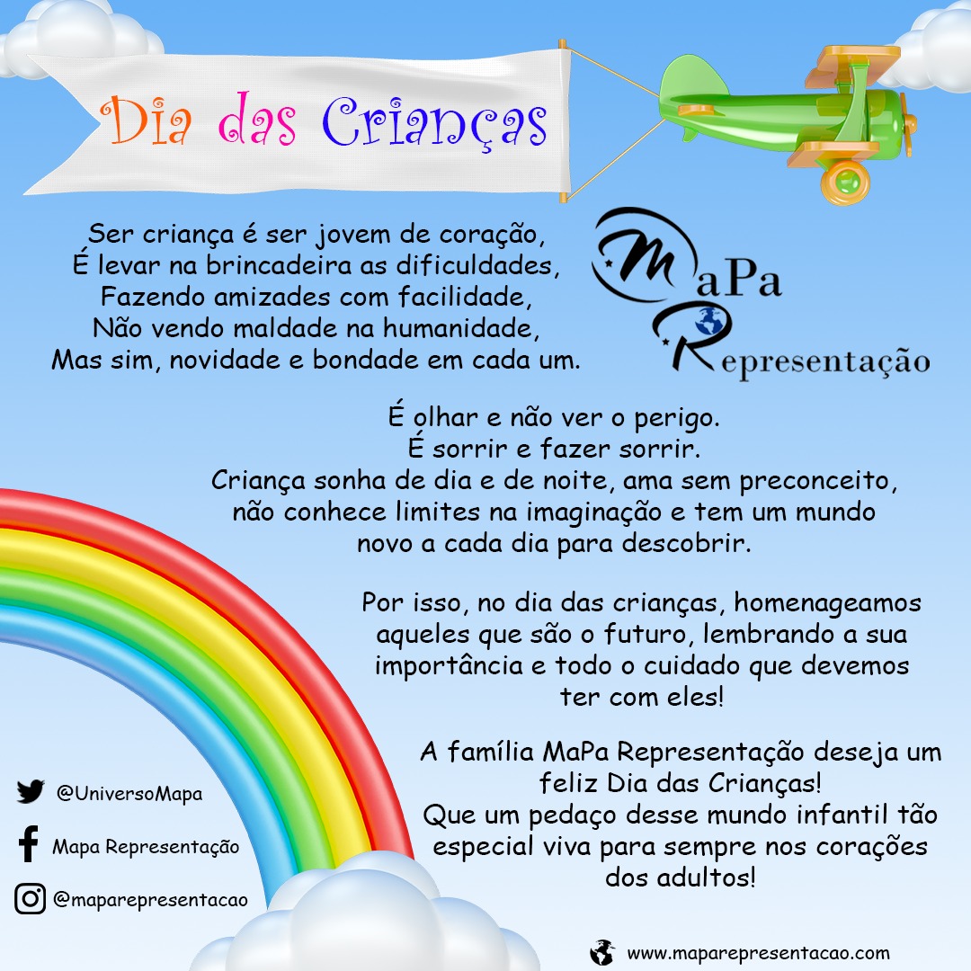 UniversoMapa's tweet photo. Ser criança é viver intensamente a todo momento. É acreditar em todos os seus sonhos. É olhar para o mundo sem maldade. Onde a imaginação não tem limites.

Acorde a criança que vive em seu coração. A família MaPa Representação te deseja um feliz Dia das Crianças!

#DiadasCrianças https://t.co/h96vVG4yFb