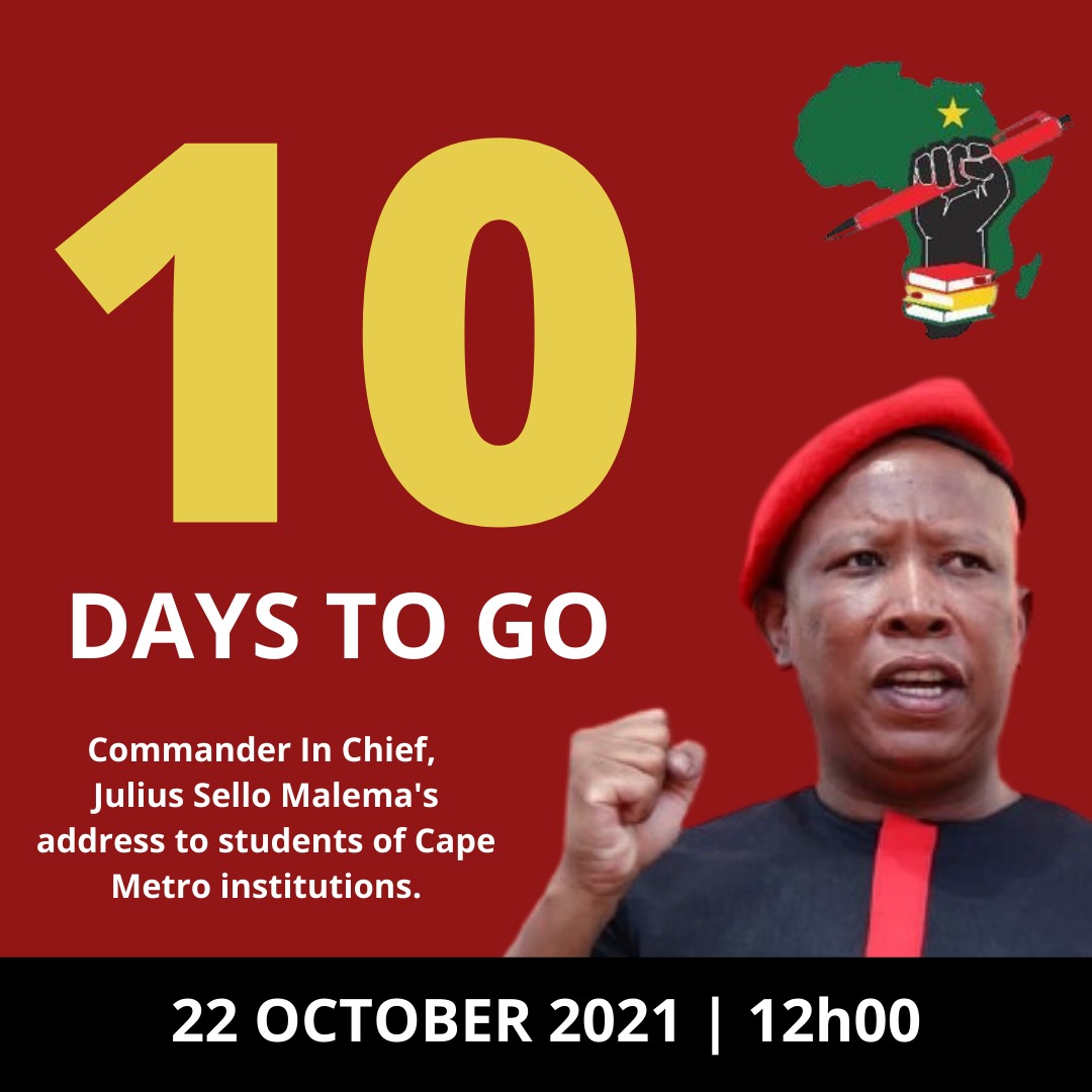 EFFYouthWC's tweet photo. [COUNTDOWN ⏰]

10 DAYS TO GO before the Commander In Chief and only President in South Africa lands in the Cape Metro Region to address all students on the 22nd of October 2021!

Students of the Metro have an appointment with history🚨

#VoomVoom
#RoadToLGEs
#FollowWCEFFSC https://t.co/RlG61wzyf6