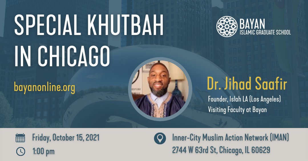 This Friday, October 15, our own graduate and new visiting professor, Dr. Jihad Saafir, will be delivering the khutbah at Inner-City Muslim Action Network (IMAN). Dr. Saafir is the Founder of Islah LA in South Los Angeles. Join us on Friday at IMAN at 1 pmA special Khutbah