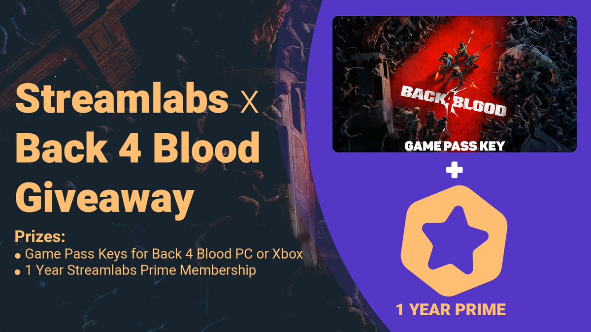 streamlabs's tweet image. Excited for the release of @back4blood? 🧟‍♂️ 

So are we. 👌😎

To celebrate, we're partnering with their team to give a number of lucky players #Back4Blood game codes &amp;amp; #StreamlabsPrime for a year. 🏆 

⬇️ Here's how to enter ⬇️
bit.ly/3v7oMm3