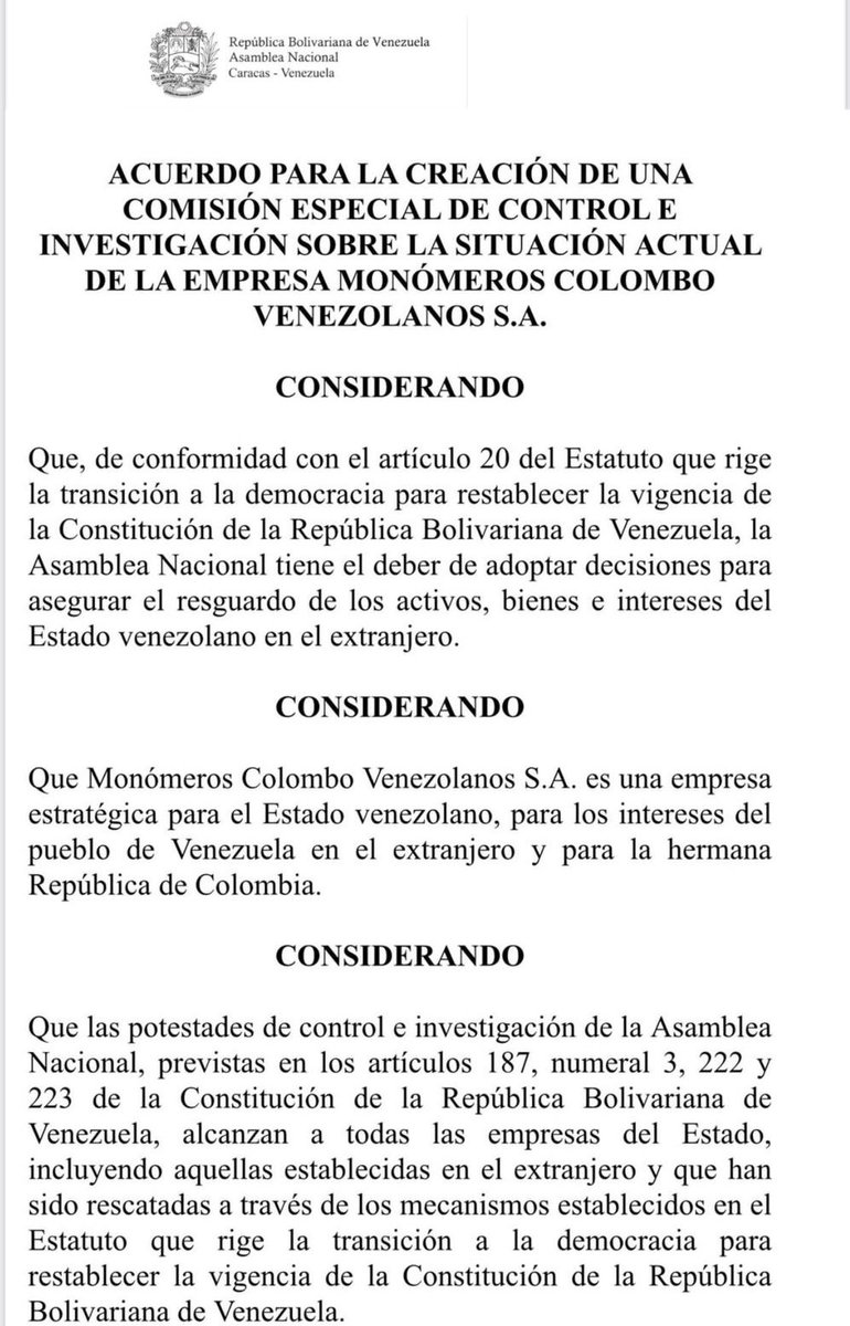 Pr1meroJusticia's tweet photo. Compartimos con el país el ÚNICO ACUERDO aprobado hoy en la @AsambleaVE sobre la Creación de una Comisión Parlamentaria para investigar toda la situación que ocurre con la Empresa Monomeros. A continuación el contenido del mencionado acuerdo. https://t.co/Gz9kuofkCp