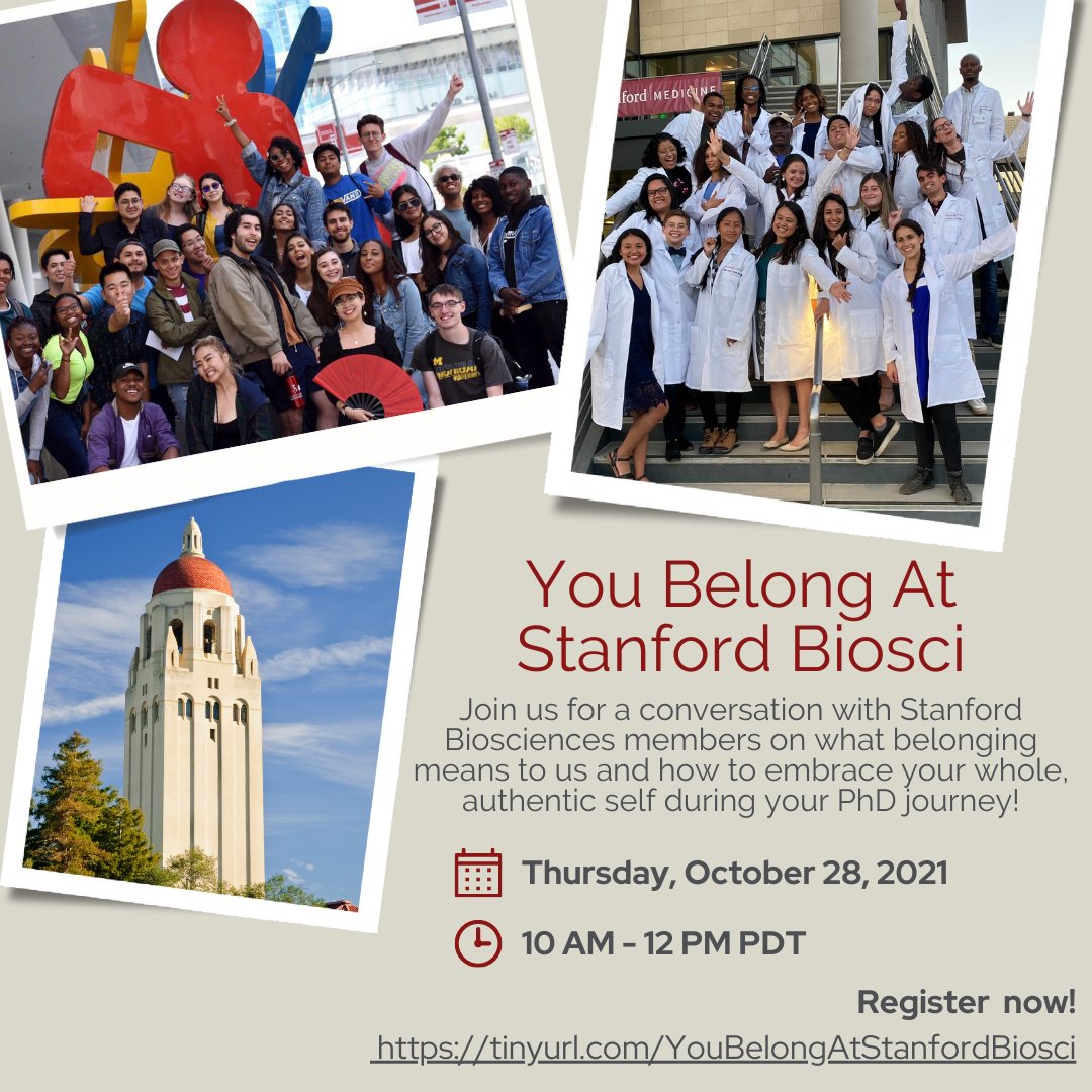 StanfordBiosci's tweet image. 🧵- You're invited to two upcoming @StanfordBiosci events, #YouBelongAtStanfordBiosci and #FirstGenInSTEM! Share broadly with anyone who's interested! 

You Belong at Stanford Biosci will be Oct 28th from 10:00 am – 12:00 pm PT over Zoom. Register at tinyurl.com/YouBelongAtSta…