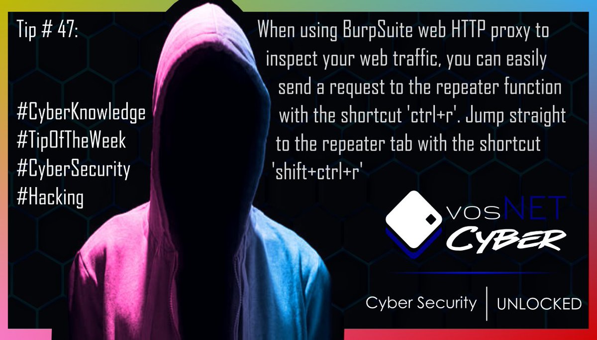 vosNETCyber's tweet photo. When using BurpSuite web HTTP proxy to inspect your web traffic, you can easily send a request to the repeater function with the shortcut 'ctrl+r'. Jump straight to the repeater tab with the shortcut 'shift+ctrl+r'
#CyberKnowledge #TipOfTheWeek #CyberSecurity #Hacking https://t.co/n5AfBciN8l