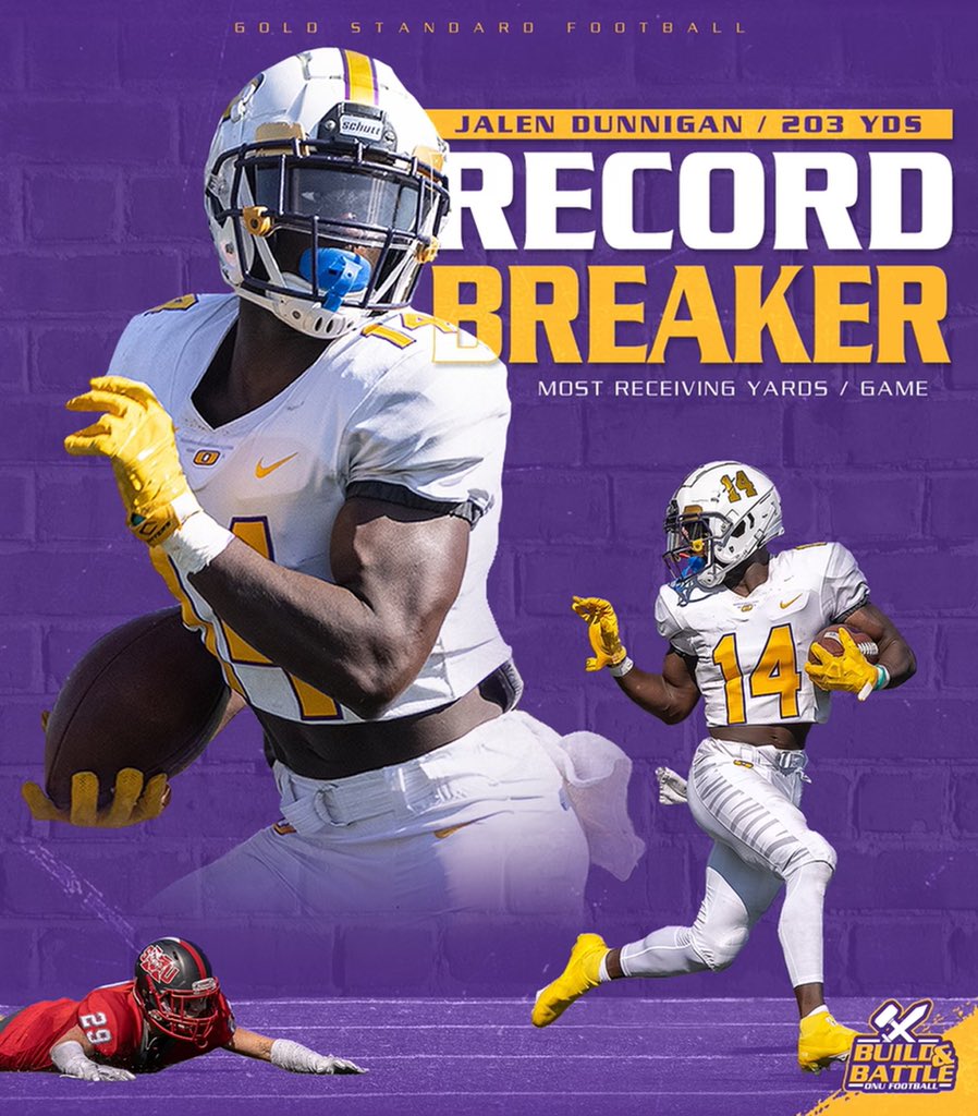 ONAZFootball's tweet photo. Big week for #14 Jalen Dunnigan, breaking a record set for our program in 1998 for most receiving yards in a single game 👀 Congratulations 💯 
#GoldStandard #FAMiLY #BuildandBattle https://t.co/SzpicoeYFr