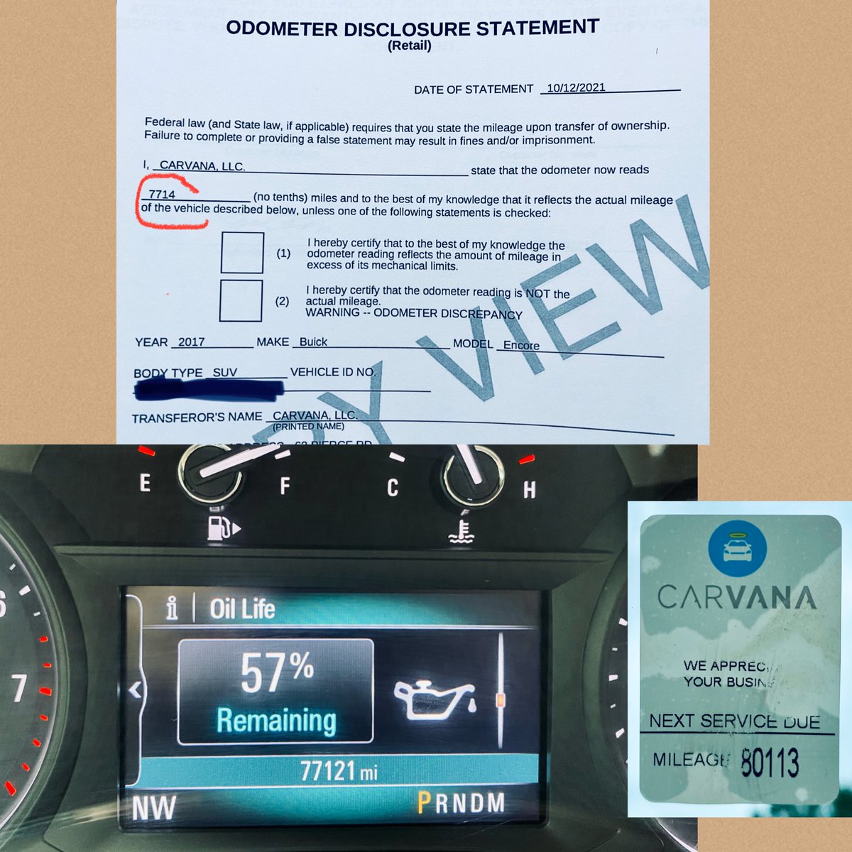 cecfy's tweet image. Had a great experience buying a car from ⁦@Carvana⁩ up until delivery of vehicle today. Purchased a car advertised as having 7,700 miles . . . Problem is the car that was delivered has 77,000 miles! Been waiting almost six hours for a call back/resolution. . . #hmm
