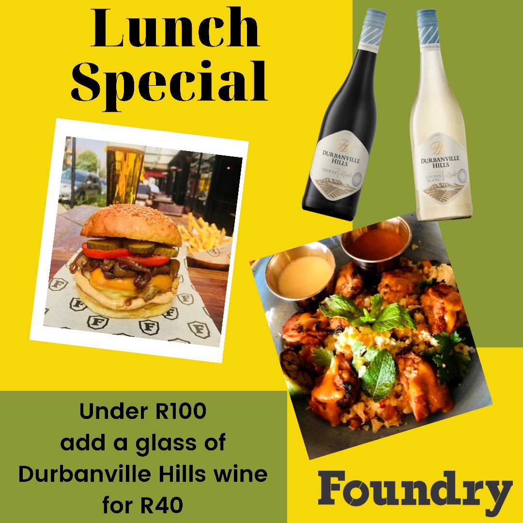 Weekday lunch special for under R100! Choose from 8 Foundry favourites and add a glass of @durbanvillehills wine - Light Chenin or Light Shiraz for R40. 
🍷 🍔 
#foundryjozi #weekdaylunch #lunchspecial #jozifood #jozifoodie #joburgfoodie #joburgfood #joburgrestaurants #lunchdate