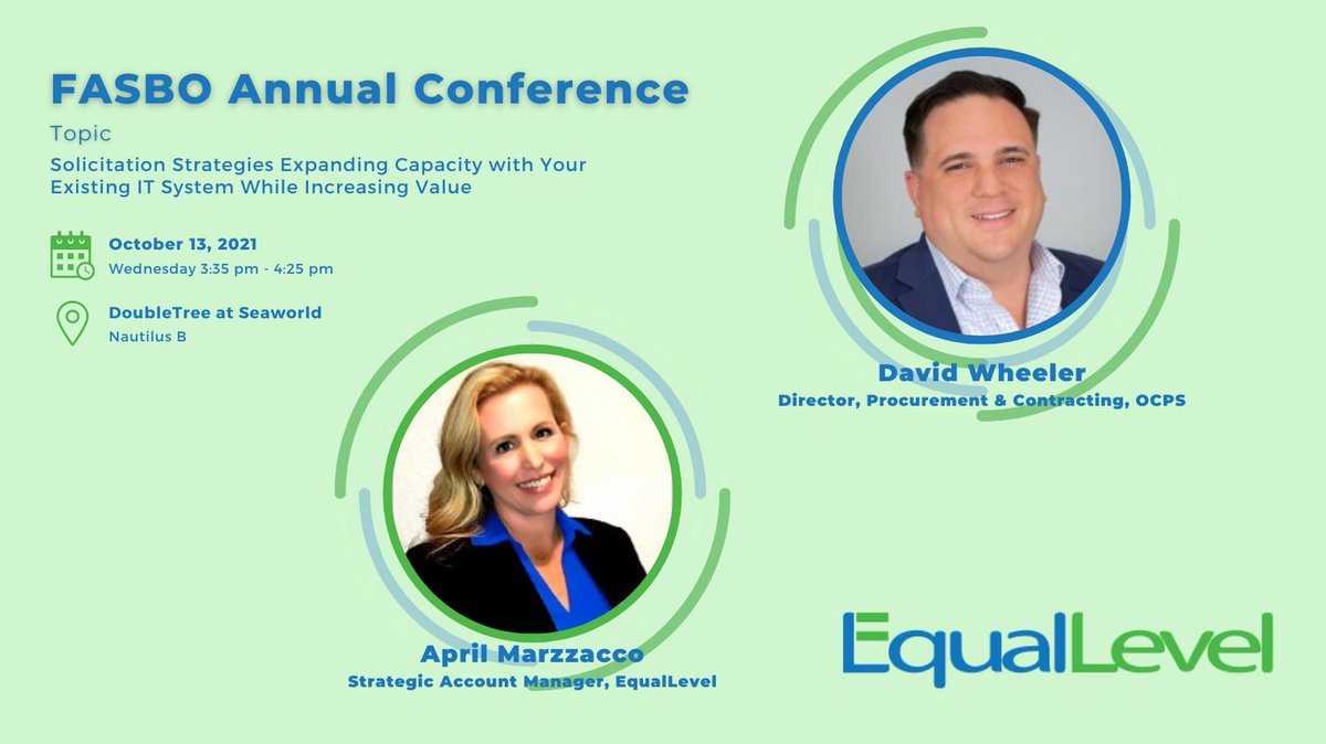 EqualLevel's tweet image. Join the #eProcurement discussion at the FASBO Annual Conference. Our Strategic Account Manager, April Marzzacco and David Wheeler, Director, Procurement &amp;amp; Contracting with Orange County Public Schools will lead the presentation. 
Learn more at EqualLevel equallevel.com