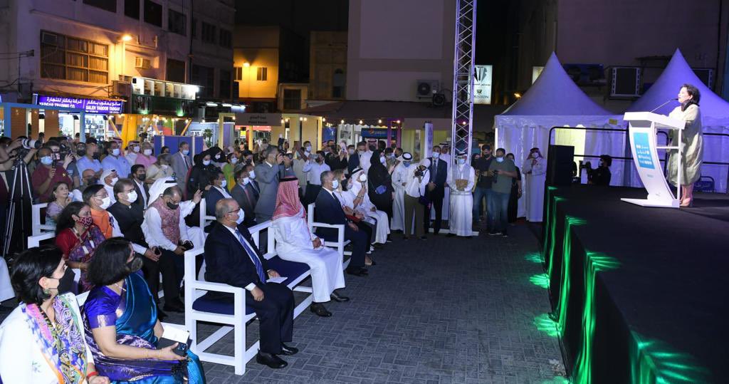 IndiaInBahrain's tweet photo. H.E. Shaikha Mai Bint Mohammed Al-Khalifa, President @culturebah , H.E. Tawfeeq Al-Mansoor, Undersecretary for Consular &amp; Administrative Affairs @bahdiplomatic &amp; H.E Piyush Srivastava, Ambassador of India to Bahrain jointly inaugurated the week-long celebration at 'Little India'. https://t.co/MSMMEQkLCe