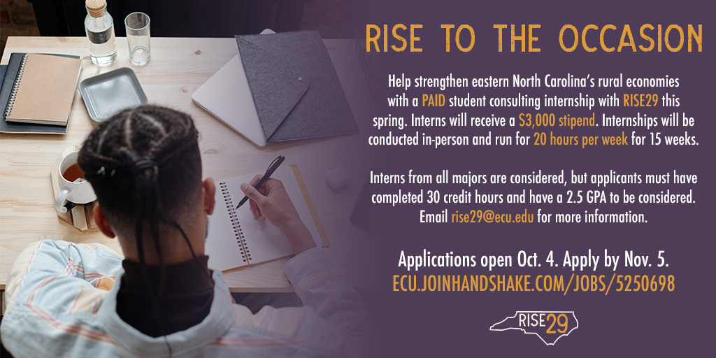 ECUResearch's tweet photo. #Pirates, set sail with a #RISE29 internship this spring ☠️
→ $3,000 stipend
→ 15 week internship
→ Open to all majors
→ Must have 30 credit hours and 2.5 GPA to apply
Apply on Handshake by Nov. 5 ➡️ https://t.co/eq5Vwo7MDR https://t.co/rjAZXNjbUi