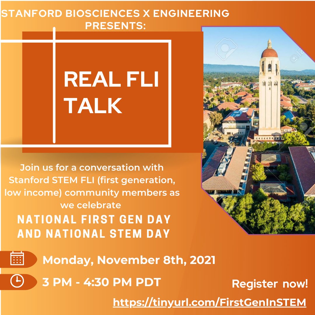 StanfordBiosci's tweet image. Come by, share your first gen experiences, and amplify #FirstGenInSTEM voices! We are excited to connect you with #FirstGenInSTEM folx at Stanford and partner institutions across the country. Register at tinyurl.com/FirstGenInSTEM and use the hashtag #FirstGenInSTEM.