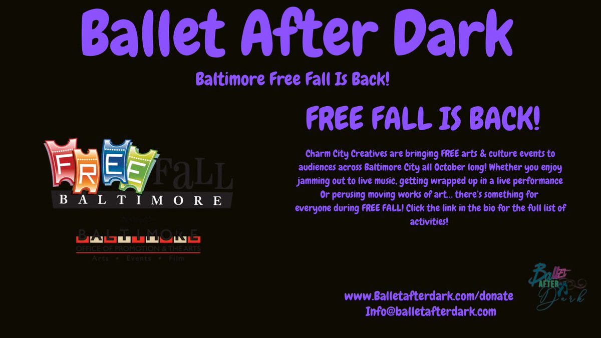 BalletAfterDark's tweet photo. Free Fall Baltimore is back! See you tonight!💜
Featuring @BunnyVicious
#freefallbaltimore
#freefall2021
#bopaevents
#balletafterdark https://t.co/M452xBGA7r