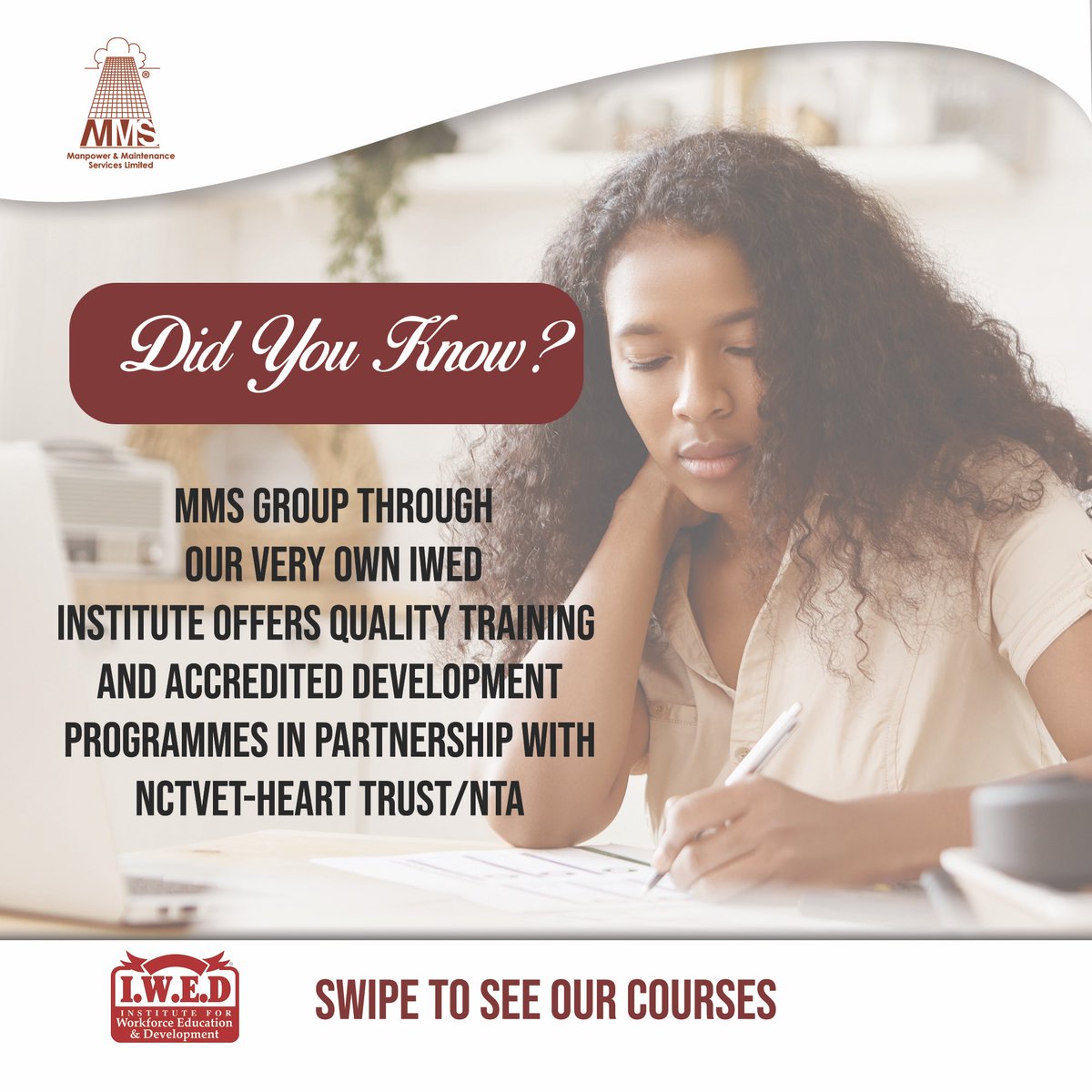 MMSGroupLtd's tweet photo. Did you know❓MMS group through our very own iWed Institute offers quality training and accredited development programmes in partnership with NCTVET-Heart Trust/NTA

Contact us for more information: 
📞(876)920-4721
📩mms@manpowerja.com https://t.co/GtPYv9pCJ1