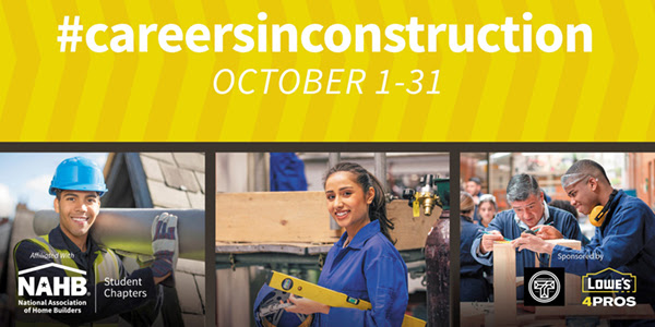 October is #CareersinConstruction month. It's the month where NAHB members, state and local HBA’s, and member companies help raise awareness of the well-paying jobs that are available in homebuilding and related trade professions. Follow <a href="/NAHBhome/">NAHB 🏠</a> to learn more.