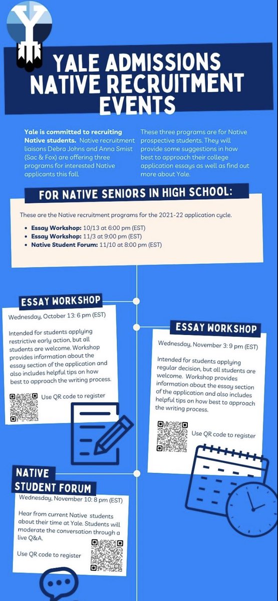 The Yale Admissions office will be hosting an Essay Workshop tomorrow specifically for Indigenous high school students 💙 use the link in our bio to register! Please share! 🙌🏽 nacc.yalecollege.yale.edu/event/yale-adm…