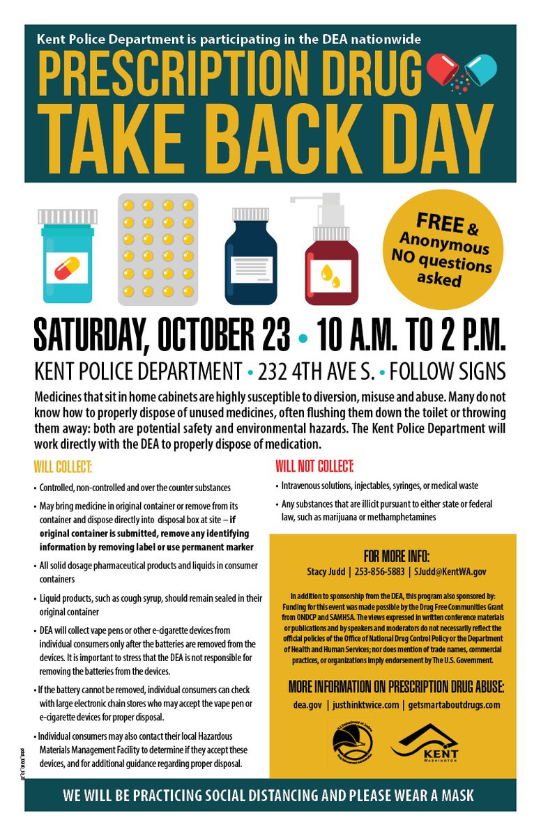 KPD Prescription Drug Take Back Day

Are you are looking to safely dispose of unwanted/expired/unused medications?  
Please read the below. 

#prescriptiontakeback #kentpdway #safedisposal