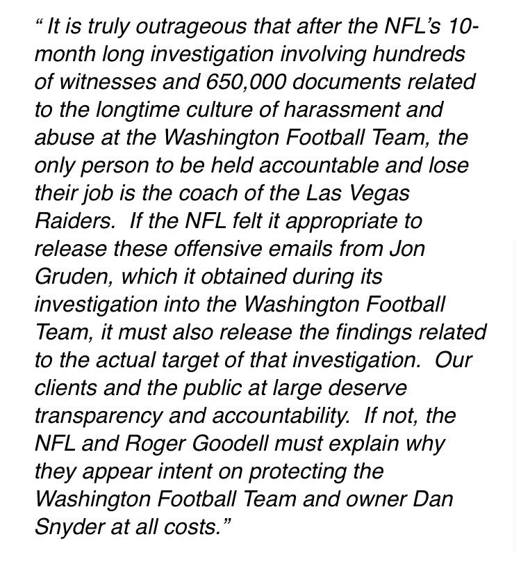john_keim's tweet image. Statement from Lisa Banks and Debra Katz, attorneys for 40 former WFT employees, calling on the NFL to release the full findings of the investigation.