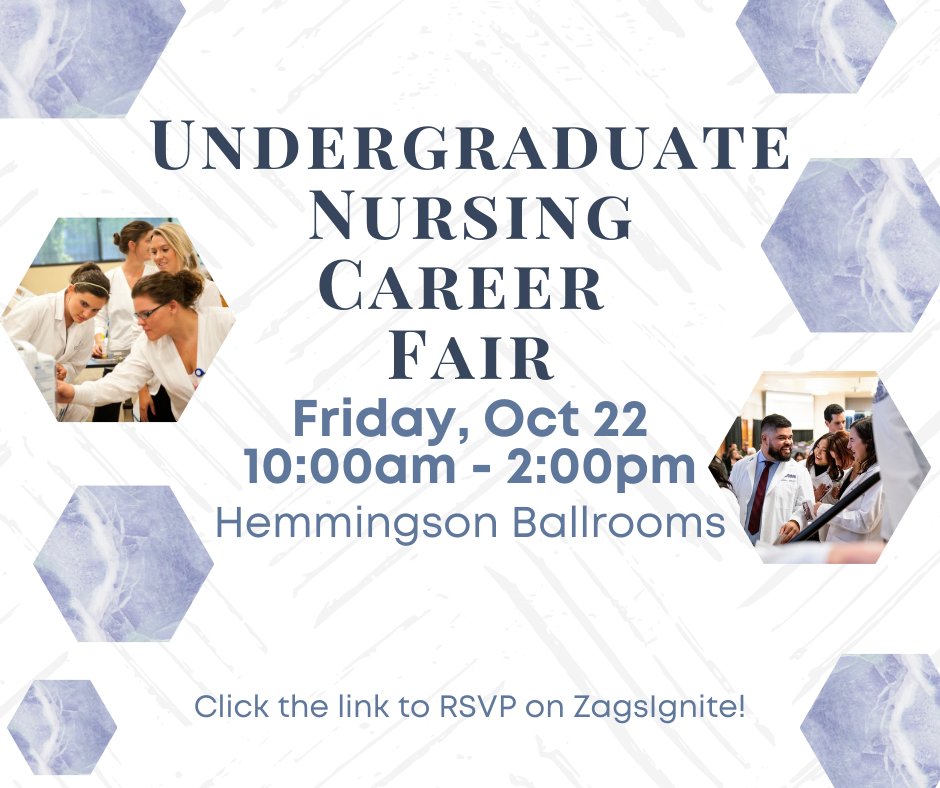CALLING ALL NURSING ZAGS!

Get the chance to meet with 11 different healthcare employers who are ready to recruit YOU!

Don't miss it!
Next Friday, October 22nd from 10am-2pm. 

Click here to RSVP: bit.ly/21NursFair