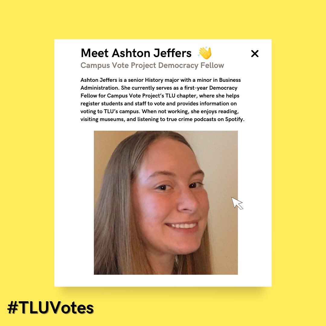 TLU_CSL's tweet photo. Meet the TLU Voting Team! These students are in charge of voter registration, voter education and other civic engagement events on campus. Have a question about voting? Ask them if you see them around campus! #TLUVotes https://t.co/vvkPQvb6Pe