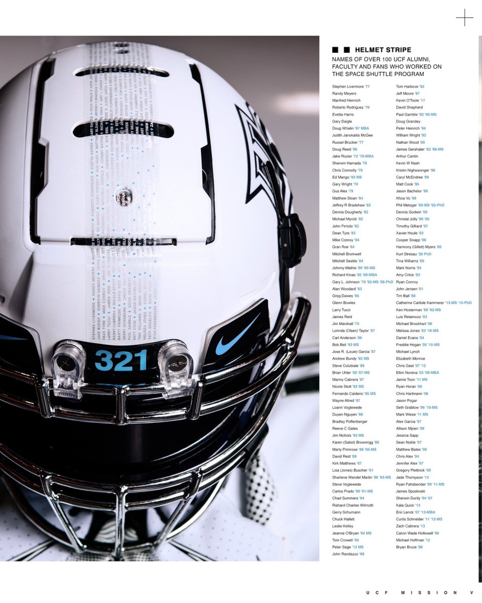 HeatherJunod's tweet photo. It’s so cool to see fellow @UCFALUMNI and other Knights recognized on this year's @UCF_Football space game helmet in honor of their hard work on the Space Shuttle Program.  🚀 https://t.co/pqW6POF7Z4
