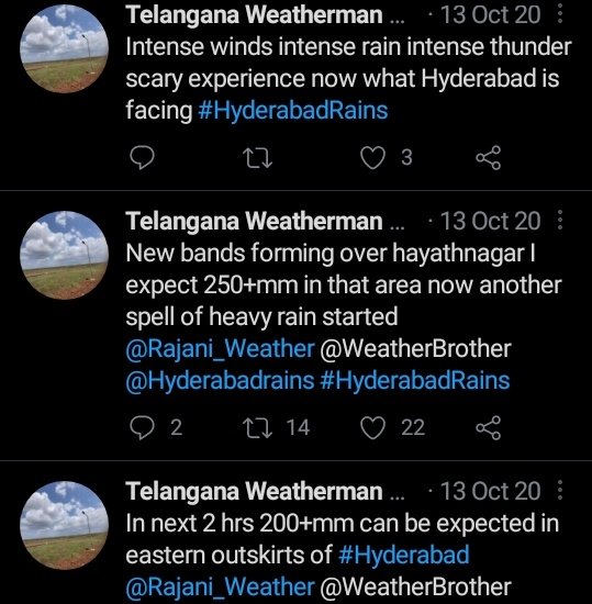 balaji25_t's tweet photo. Some of the tweets which I tweeted on October 13, 2020 alerting people about the heavy rains. This was very initial days of weather blogging, turning point of my journey as a weatherman this 1year ❤❤. @HiHyderabad @DonitaJose #13OCT2020 #HydDeluge2020 https://t.co/TZRNOV2DFz