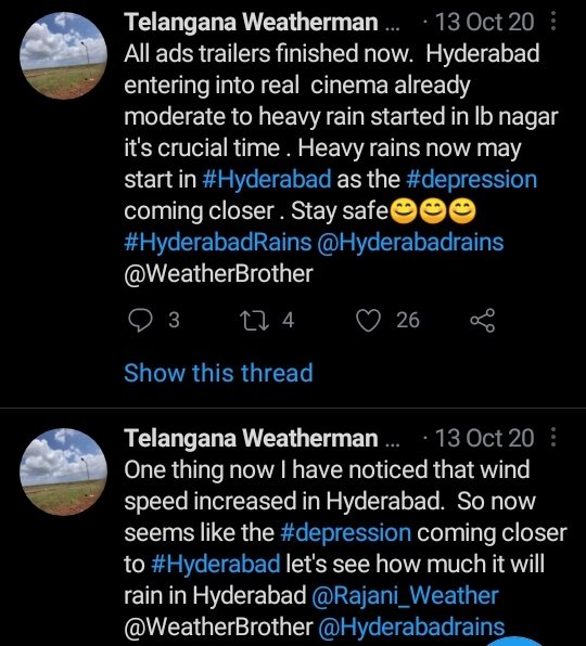 balaji25_t's tweet photo. Some of the tweets which I tweeted on October 13, 2020 alerting people about the heavy rains. This was very initial days of weather blogging, turning point of my journey as a weatherman this 1year ❤❤. @HiHyderabad @DonitaJose #13OCT2020 #HydDeluge2020 https://t.co/TZRNOV2DFz