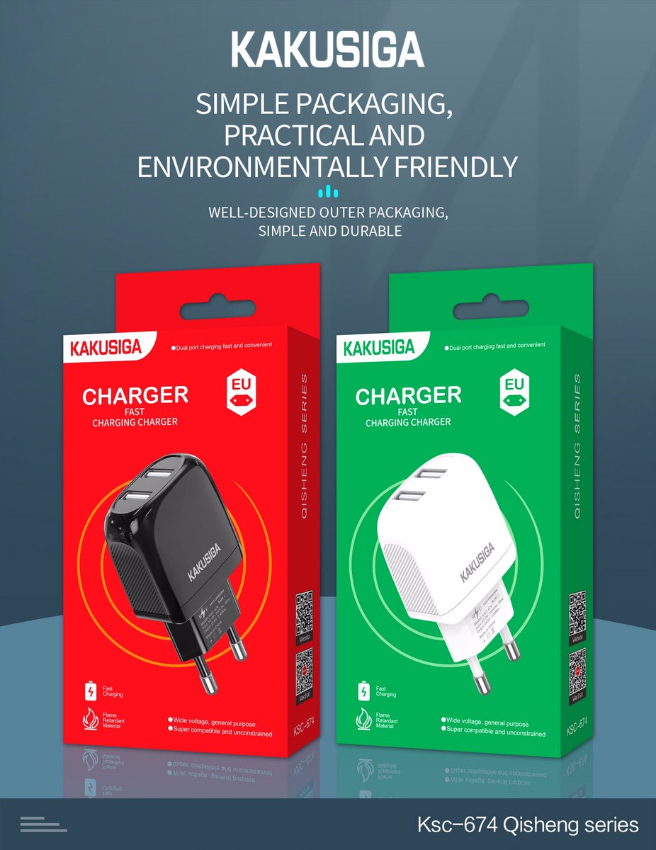 ⭐KAKU New product⭐Qisheng series fast charge charger (European standard)
Dual USB fast charging; material: flame-retardant PC; plug type: European standard; product weight: 33g; product size: 88*44*24mm; pattern design on both sides, easy to unplug;
