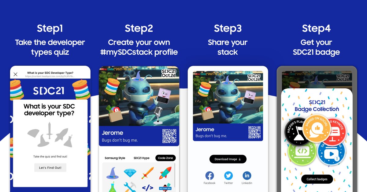 samsung_dev's tweet photo. We've got an easy way to get you and your fellow devs ready for SDC21. Introducing #mySDCstack! Swipe through to discover how to win Samsung products, then get more info about the event here: https://t.co/qoOzYb0pGA
*Prize colors will be chosen at random.
#mySDCstack #SDC21 https://t.co/d5nsDnoaC0