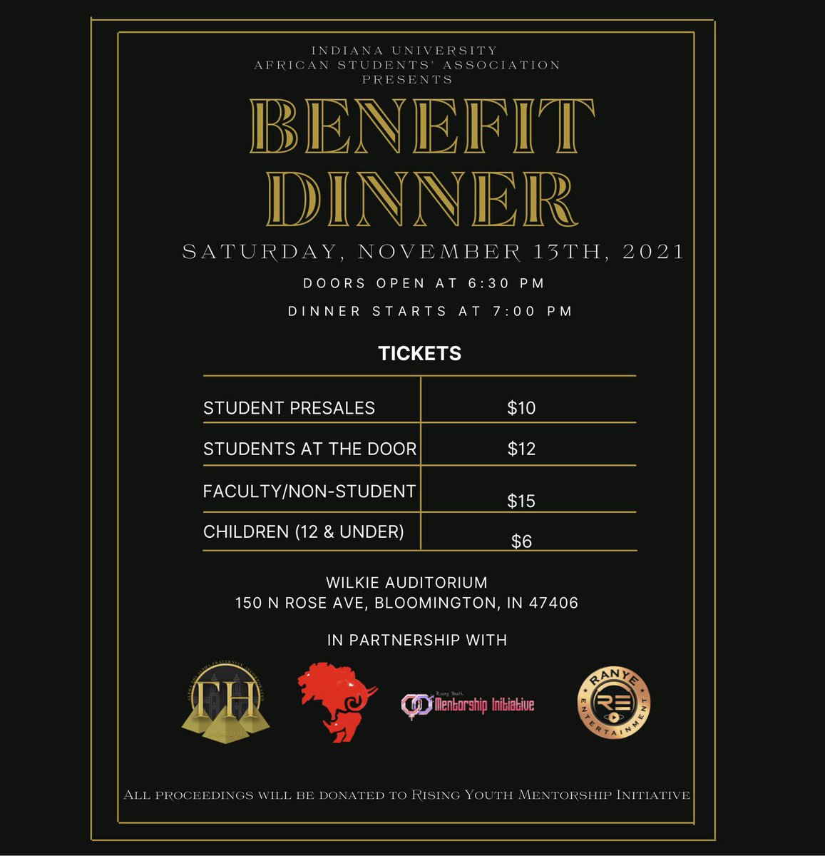 IU_ASA's tweet photo. In partnership with the Gamma Eta Chapter of Alpha Phi Alpha Fraternity Incorporated we present to you our annual benefit dinner! All proceedings will go to Rising Youth Initiative of Liberia. Along with our dinner, talent show and date auction we’ll have a lot in store for y’all https://t.co/6uQrxtC6gk