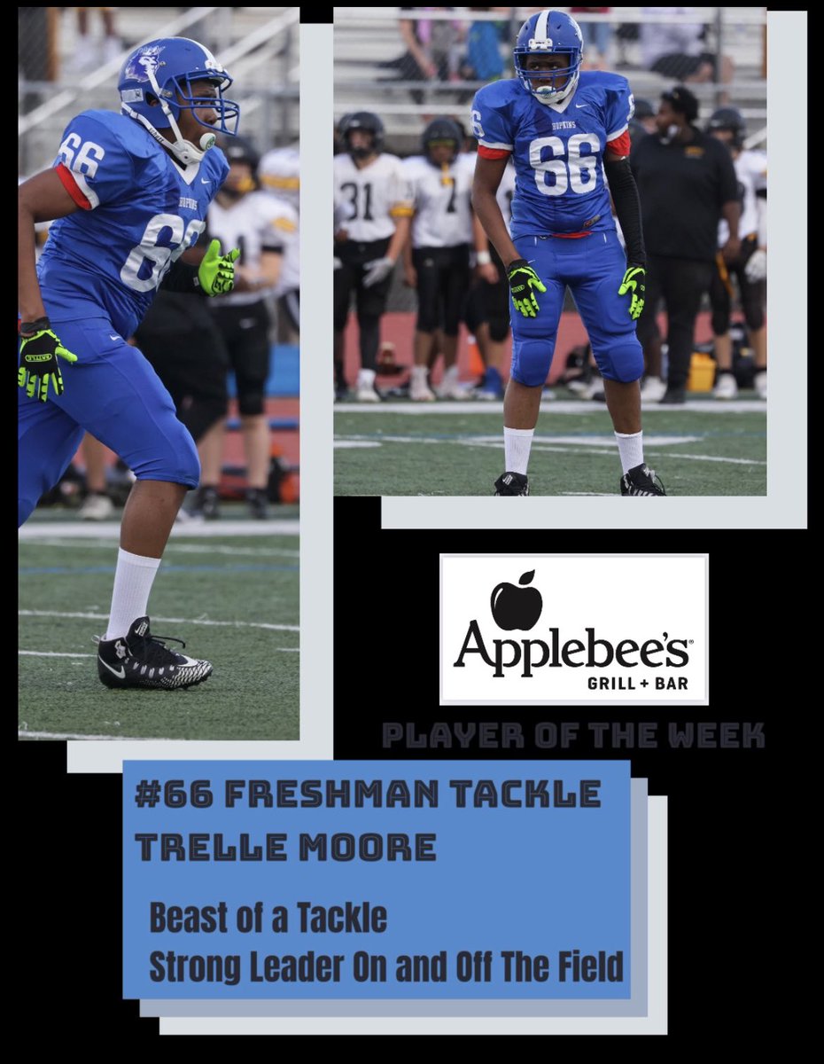 HopkinsFootball's tweet photo. Congratulations to our Applebee’s Players of the Week: 

- Freshman Tackle, #66 Trelle Moore
- JV Defensive Back, Sophomore, #16 Osman Satmar
- JV Wide Receiver, Sophomore, #80 Owen Hall 
Photos courtesy of Cheryl Myers and Meant2Be photography https://t.co/YfmbWQZ121