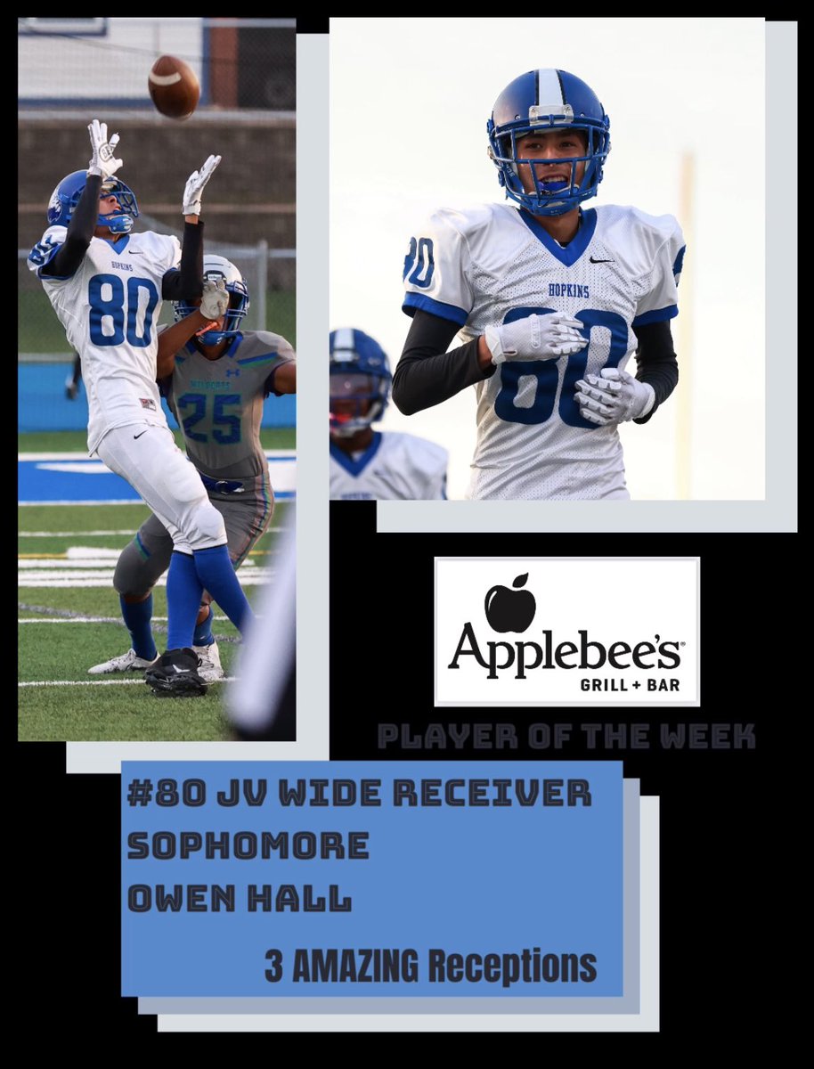 HopkinsFootball's tweet photo. Congratulations to our Applebee’s Players of the Week: 

- Freshman Tackle, #66 Trelle Moore
- JV Defensive Back, Sophomore, #16 Osman Satmar
- JV Wide Receiver, Sophomore, #80 Owen Hall 
Photos courtesy of Cheryl Myers and Meant2Be photography https://t.co/YfmbWQZ121