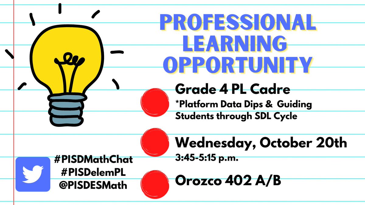 PISDESMath's tweet photo. ๐ก๐ค Professional Learning Opportunity - Save the Date ๐. Are you interested in examining platform data? Would you benefit from exploring how to guide students through the SDL cycle? #PISDelemPL educations register here ๐https://t.co/hHp1LXJMVc https://t.co/fVDmT9GXMg