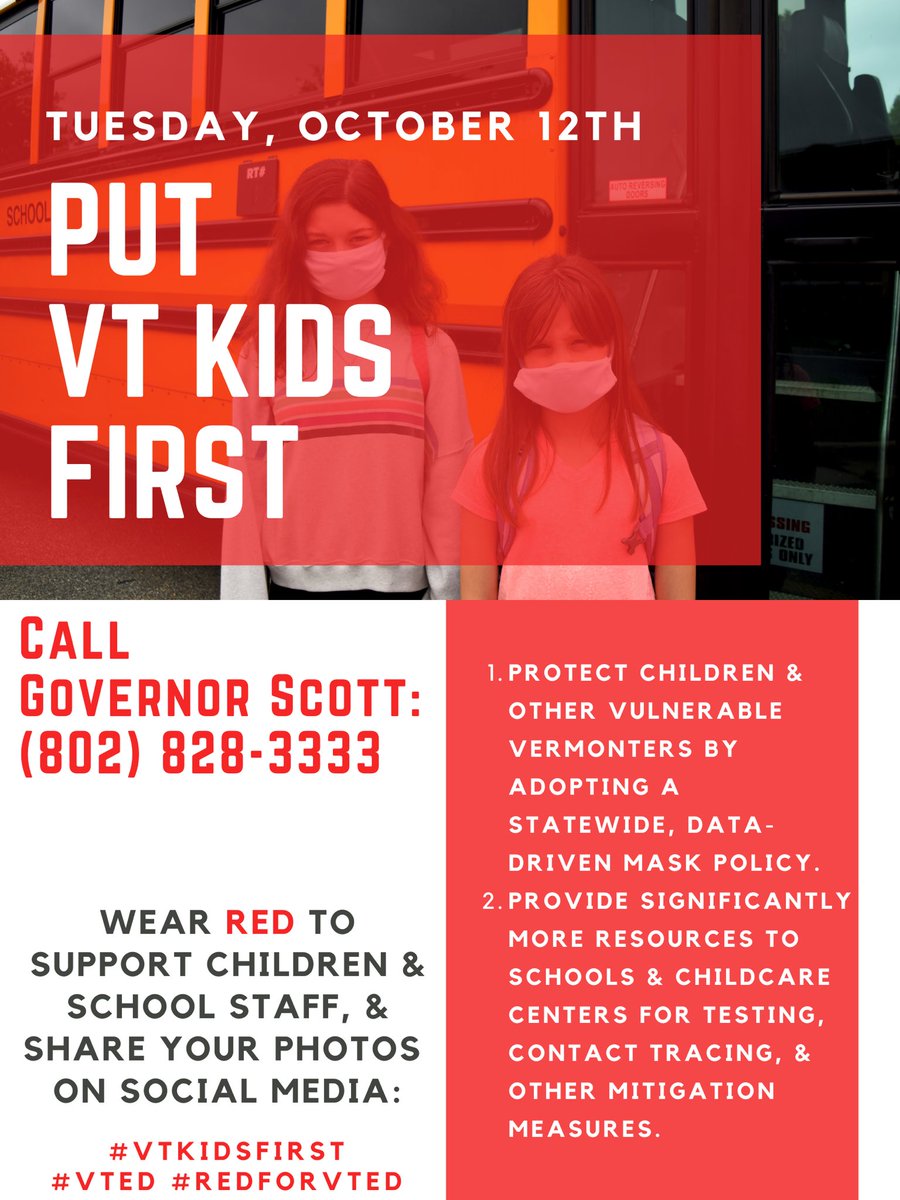 tanyavforvt's tweet photo. We have to do more to put #VTKidsFirst  can you call @govphilscott, &amp; and ask for kids and other vulnerable Vermonters to be put first.

➡️ Data-driven mask policy
➡️ Support for schools to implement testing, tracing, etc.

#VTKidsFirst #vted #vtpoli #redforvted #redfored https://t.co/wC64riKWzF