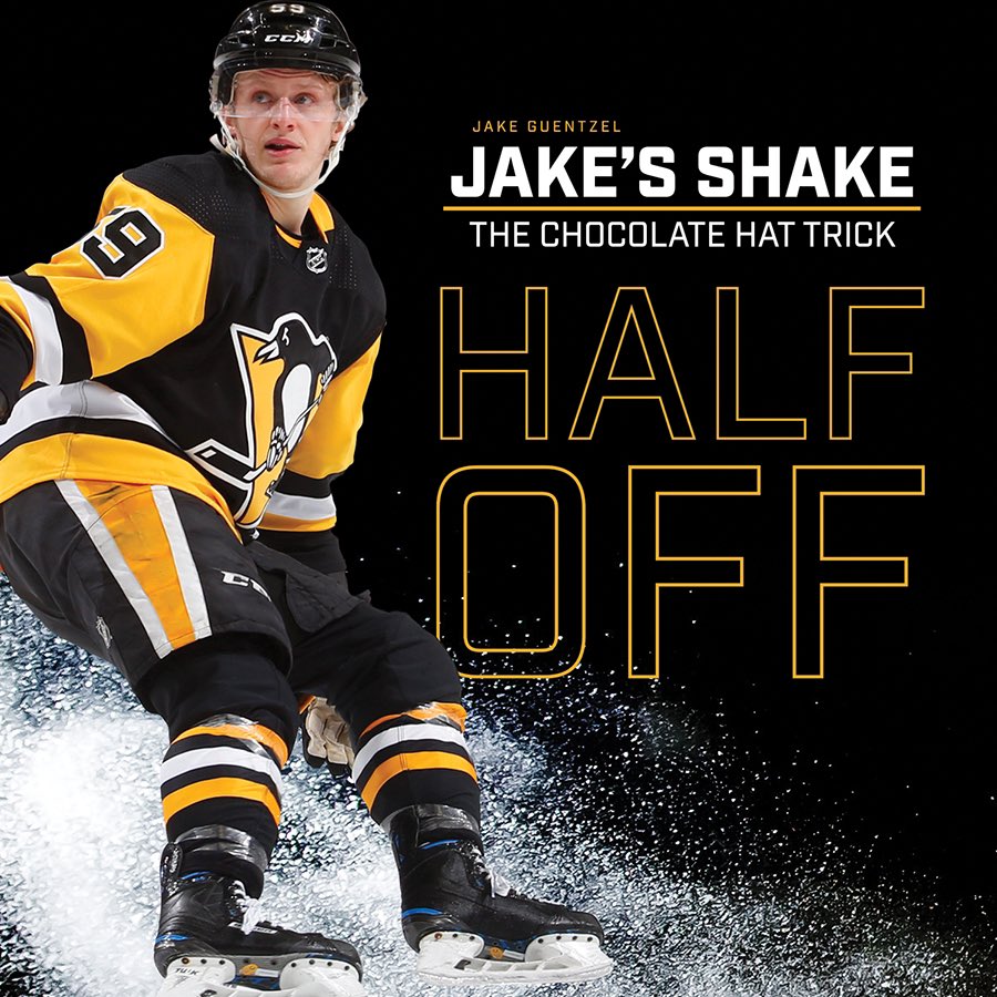 MShakeFactory's tweet photo. Hey @penguins fans every time @jakenbake20 scores a goal, all Jake’s Shakes will be 1/2 off the following day at all Milkshake Factory locations. #LetsGoPens  #JakesShakes https://t.co/7oGP0n2ofG