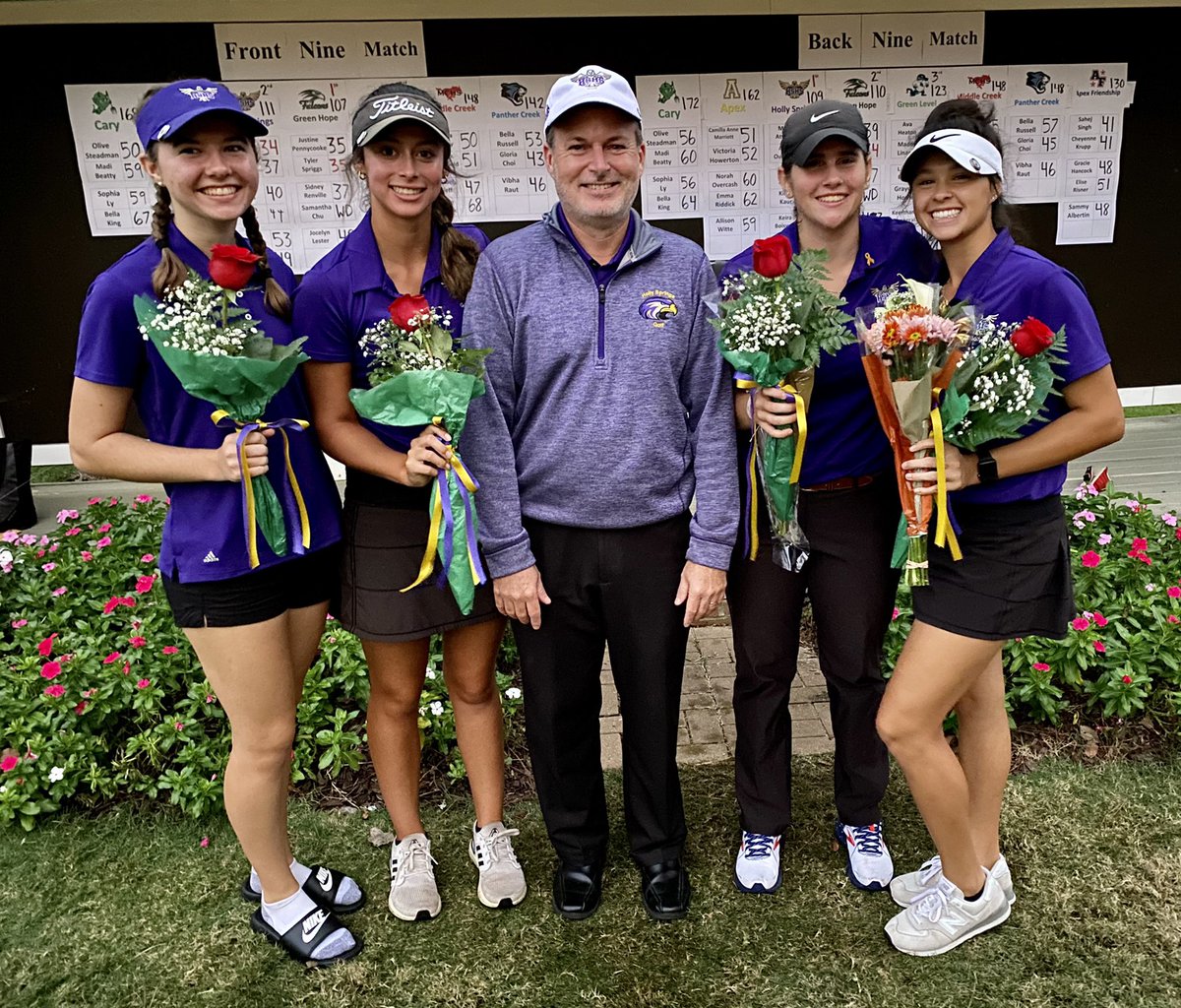 HSHSwomensgolf's tweet photo. Tonight was also senior recognition night: Ashlyn McGahey, Maria Atwood, Anika Ouellette &amp; Keira Boisvert! Ladies, congratulations on being amazing leaders and role models for this young team! You will all be missed so very much! 💜💛 @HSHawksAD https://t.co/aUWCbQB7wc