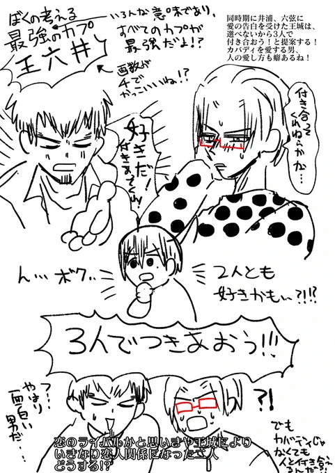 昨晩、頭の中で浮かんだカプが個人的に衝撃過ぎてずっと呆然としているので吐かせてください(⁉︎)ポリアモリー(複数愛)王と付き合う六と井 