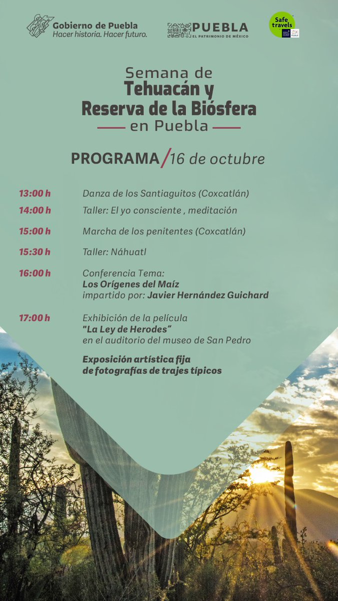 Puebla's tweet photo. Conoce las actividades culturales, talleres, exposiciones y la venta artesanal que la Semana de Tehuacán y Reserva de la Biósfera en Puebla tiene para ti. ¡No te la pierdas! 🥳🎶🌵✨ https://t.co/HgdKbQIj4U