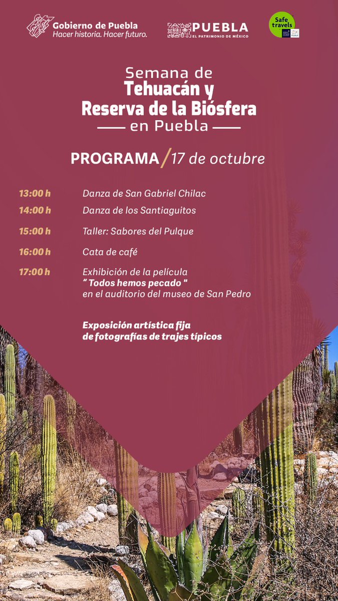 Puebla's tweet photo. Conoce las actividades culturales, talleres, exposiciones y la venta artesanal que la Semana de Tehuacán y Reserva de la Biósfera en Puebla tiene para ti. ¡No te la pierdas! 🥳🎶🌵✨ https://t.co/HgdKbQIj4U