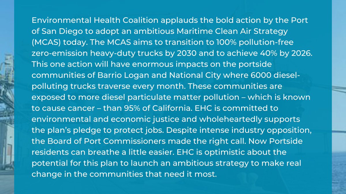 EHCSanDiego's tweet photo. Barrio Logan &amp; National City can breathe a little easier. The @portofsandiego committed to 100% pollution-free heavy-duty trucks by 2030. #CleanAirNow #CleanAir #SanDiego #BarrioLogan #NationalCity #PollutionFree #StopDieselDeaths #CancelDieselTrucks https://t.co/tgf7ZPXG8T