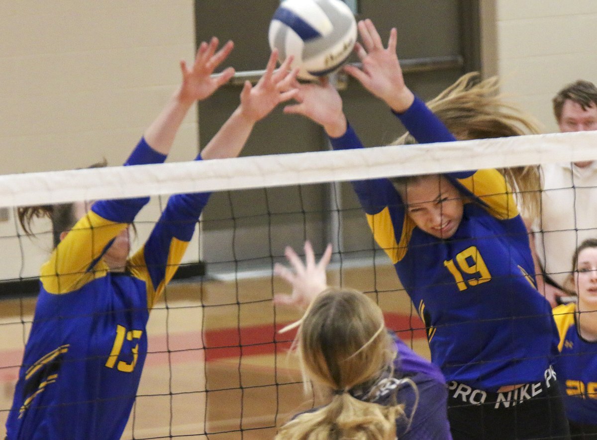 SCIStephanie's tweet photo. VB: Morgan Craig (13) and Gabi Cepek (19) of @SewardBlueJays put up a block against Milford Oct. 12. #sewardjays #formawall #nopassingzone https://t.co/bSd0M0t8pV