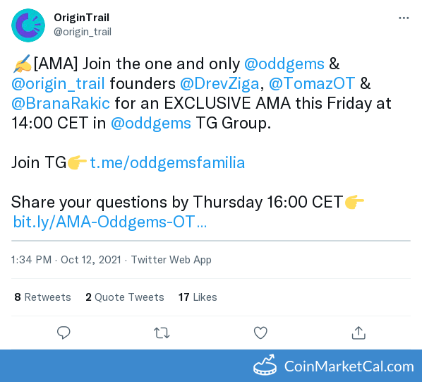 🆕 New OriginTrail $TRAC event! 
 
15 October 2021 
AMA with Oddgems  
 
Source: coinmarketcal.com/en/event/ama-w…