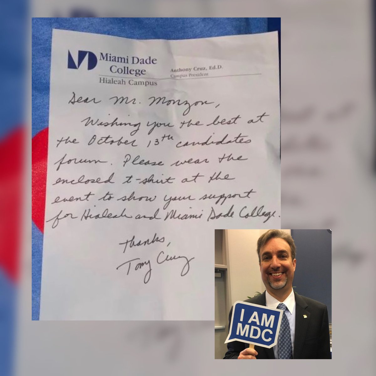 MIAagainstFash's tweet photo. Hey #MDCHialeah campus Pres. Dr. Anthony Cruz @Drtcruz,

Guessing you forgot to Google  Christopher Monzon running for Hialeah City Council before you sent him a handwritten note and #MDC shirt to represent the college in a Oct 13 candidate forum?

Let’s bring you up to speed! https://t.co/kVtKyiBDFu