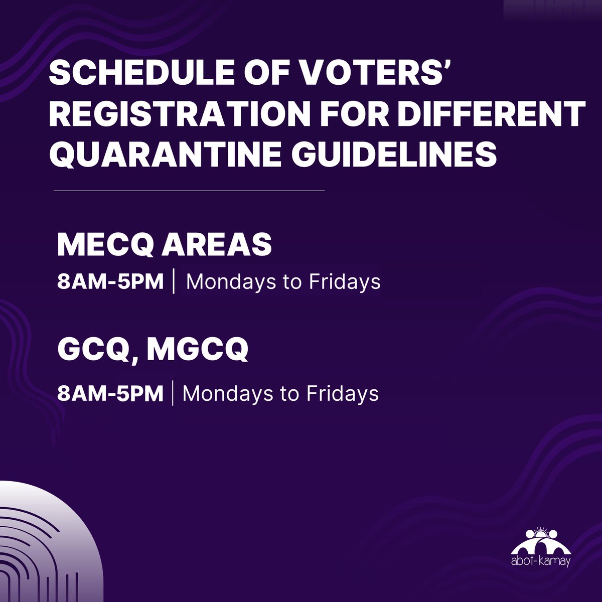 abotkamay_ph's tweet photo. REGI KA NA BA?

17 Days Left Before VOTER REGISTRATION Ends!

Below is the voter registration schedule in different areas under community quarantine. 

#VoteNote: Ang boto mo ay para sa milyun-milyong Pilipino!

Sama-sama tayong maging REGI for 2022!

#RegiKaNaBa
#RegisterToVote https://t.co/YddhnnxM3Z