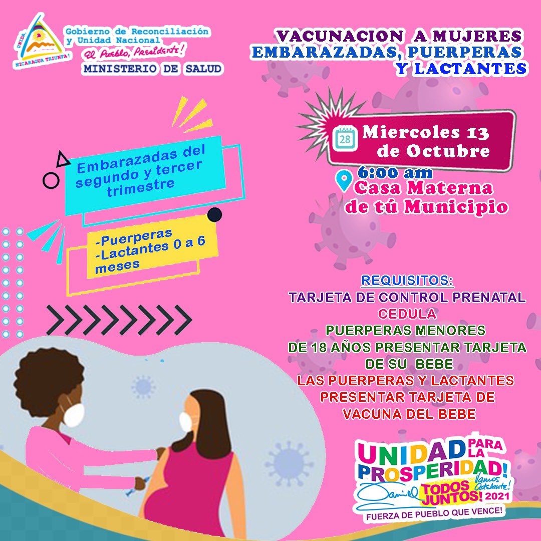 #Carazo Vacunación Voluntaria a mujeres Embarazadas, Puérperas y Lactantes de <a href="/CarazoSilais/">Salud en familia y comunidad Carazo-SILAIS CARAZO</a>
Recuerda portar tu mascarilla y tu cédula de identidad.
#VacunandonosPuebloQueVence 
#SaludEnFamiliaYComunidad