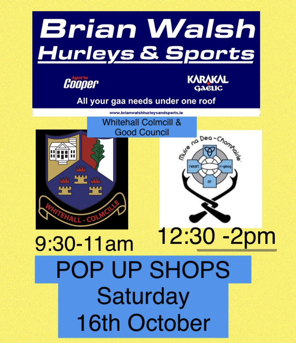 Pop up shops Saturday 16th <a href="/WColmcille/">Whitehall Colmcille</a> &amp; <a href="/goodcounselgaa/">Good Counsel Liffey Gaels GAA & Camogie Club</a> <a href="/mc_gpo/">Johnny McGlynn</a> <a href="/DubGAAOfficial/">Dublin GAA</a> <a href="/CamogieDublin/">Dublin Camogie</a> <a href="/StVincentsGAA1/">St Vincents GAA, Dublin</a> <a href="/EoghanODonnell9/">Eoghan O'Donnell</a>