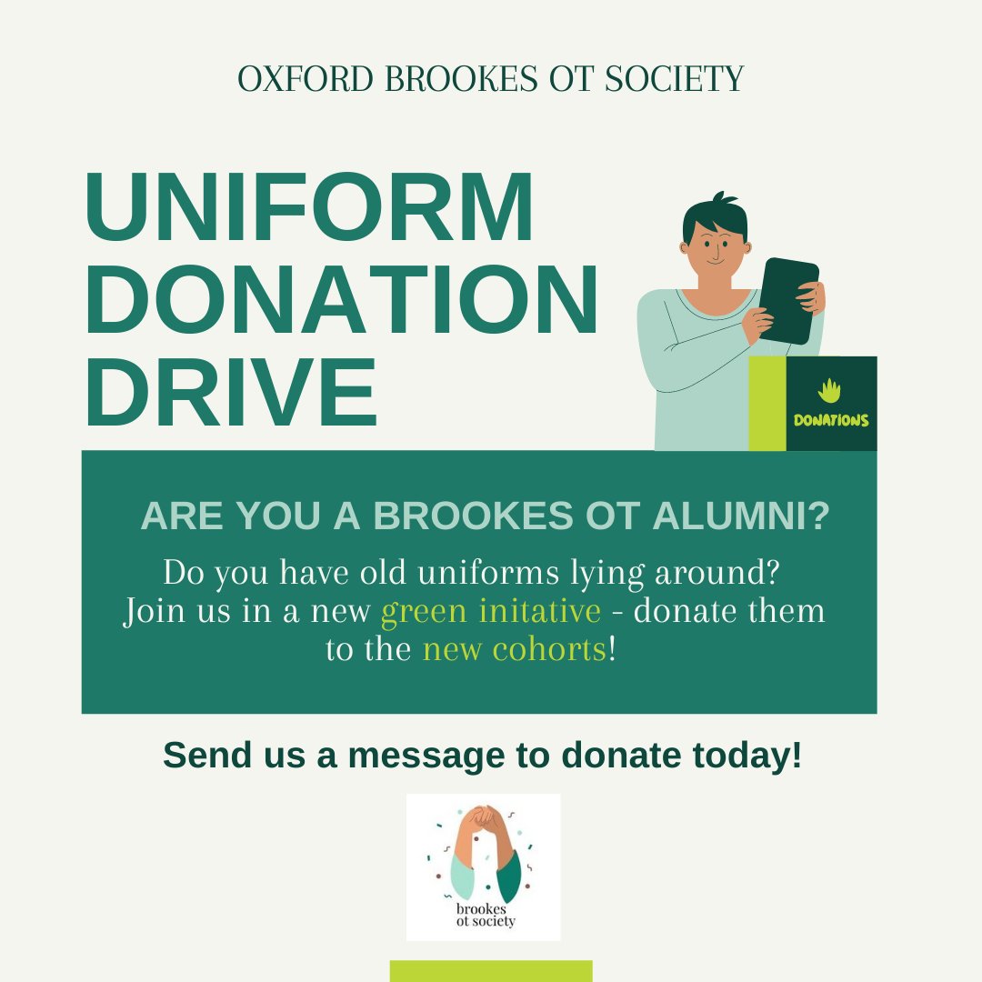 BrookesOTSoc's tweet photo. Are you a Brookes OT alumni? 

♻️ Join us in our newest #green #initiative, donate your old uniforms to the incoming cohorts - save them from going to waste! ♻️

Send us a message on Facebook, Instagram, or even Twitter to donate today! https://t.co/2cP961AU9s